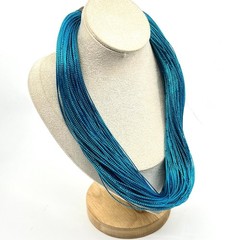 Vintage Retro Multi-Strand Blue Silk Thread Shimmer Choker Necklace Teal Boho