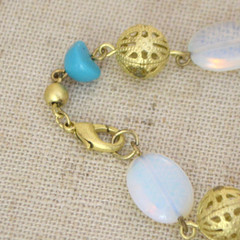 Vintage Boho Gold Filigree Opalite Moonstone Glass Turquoise Bead Necklace 26″