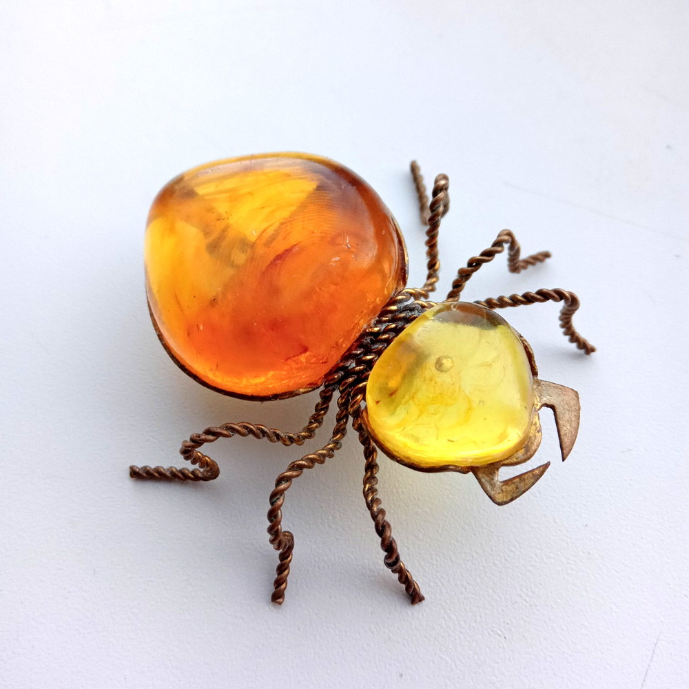 Vintage Spider Brooch Amber Color Resin. Made in the USSR