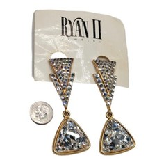 Amazing Statement Clear Crystal Dangle Drop Gold Tone Runway Clip On Earrings 3″