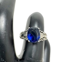 Vintage Silver Tone Blue Oval Glass Solitaire Cocktail Ring 7.25