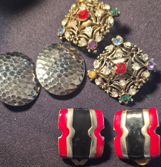 3 pr Vintage Clip-On Dangle Drop Geometric Multicolor Hammered Retro Earrings