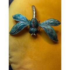 Vintage Cloisonne Enamel Dragonfly Green Teal Large Insect Pendant Ornament
