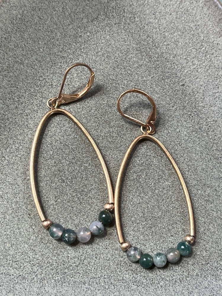 Estate Brushed Goldtone Tubular Ovals w Tiny Faux Green Stone Beads Dangle Ear