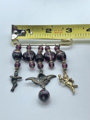 Vintage Charm Holder Safety Pin Brooch Dangling Purple Beaded Hearts Cupid Angel