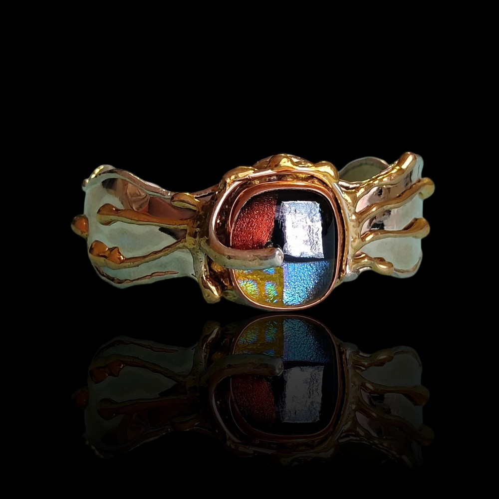 7.5in Copper Brass Modernist Brutalist Dichroic Art Glass Cuff Bracelet Retro