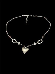 Vintage J&I Sterling Silver Puffy Heart W Amethyst And Milky Quartz Necklace