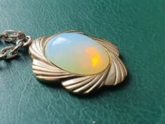 Vintage Jewelry, Cream Stone Pendant with Chain, Antique Jewelry, Made in USSR