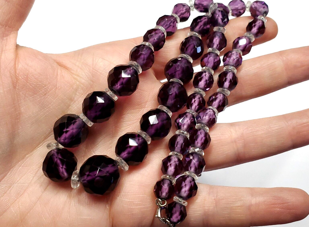Vintage Art Deco Chain Strung Faceted Purple Graduated Glass Bead Necklace 16.5″