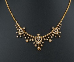Antique 18K Gold Diamond Seed Pearl Garland Necklace Late Victorian 14.5″ NG1888
