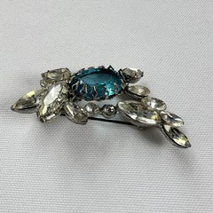 Art Deco Vintage Aqua Blue & Clear Rhinestones Brooch Anda Modes New York Pin