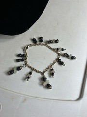 Gold Tone Chain Bracelet with Beaded Dangle Charms Black and White Unbranded VTG
