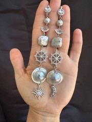 Extra Long Mabe Pearl Statement Earrings, Asymmetrical Sun Moon Dangle