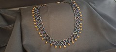 Art Deco Peacock Iridescent Bugle Netted Collar Vintage Necklace 16.5″