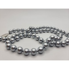 Vintage Glass Faux Pearl Necklace Pewter Silvery Gray Beads Hand Knotted 20.5″