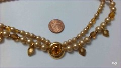 VTG Double Strand Creamy Beige Faux Pearls Honey Amber Rhinestone Bead Necklace