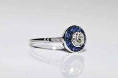 Art Deco Style Round Lab Created Diamond & Sapphire Halo 14K White Gold FN Ring