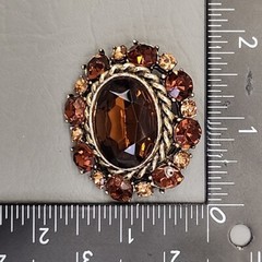 Vtg Rhinestone Brooch Gold Tone Oval Brown Glass Orange Domed Pin 1.75 in