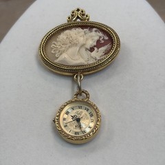 Vintage Cameo Brooch w/watch In Gold Tone By Brand Called “1928”