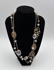 Gold Tone Statement Necklace Crystal Bead Filigree Long Chain Layered