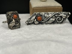 Art Deco German Ivy & Berry CORAL 830 Silver Ring SZ 9.75 & Brooch Spring set