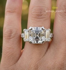 Asscher 4CT Lab Created Diamond Vintage Three Stone Engagement Ring 14K Gold FN
