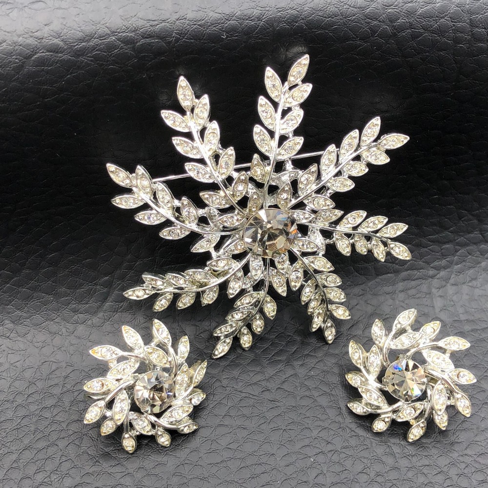 Vtg Sarah Coventry Brooch Earrings 1963 Evening Snowflake Rhinestone Demi Parure