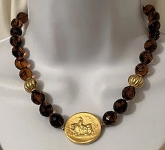 JADED Jewels NY Signed Etruscan Roman Coin Revival Glass Beaded Pendant Necklace