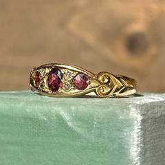Art Deco Style Edwardian 7 Stone Pink Ruby Lab Created Diamond Ring 18k Gold FN