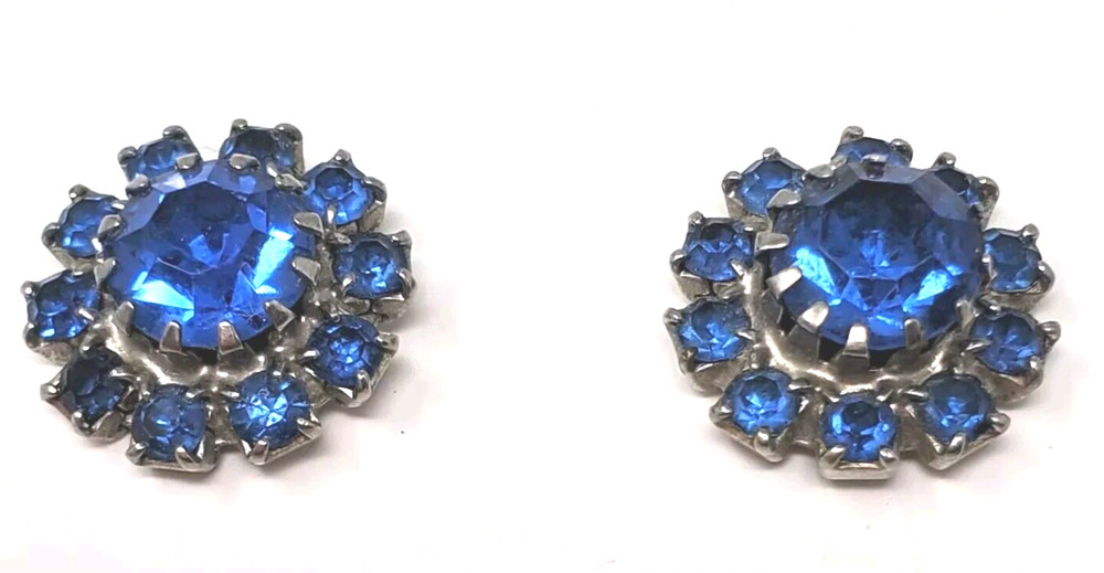 1950s JUDY LEE Clip On Earrings Sapphire Blue Rhinestone Flower Art Glass