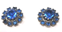 1950s JUDY LEE Clip On Earrings Sapphire Blue Rhinestone Flower Art Glass