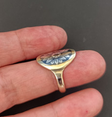 Niello Floral Ring Gilded Silver Oval Vintage Statement Size 8.5 Vintage 875