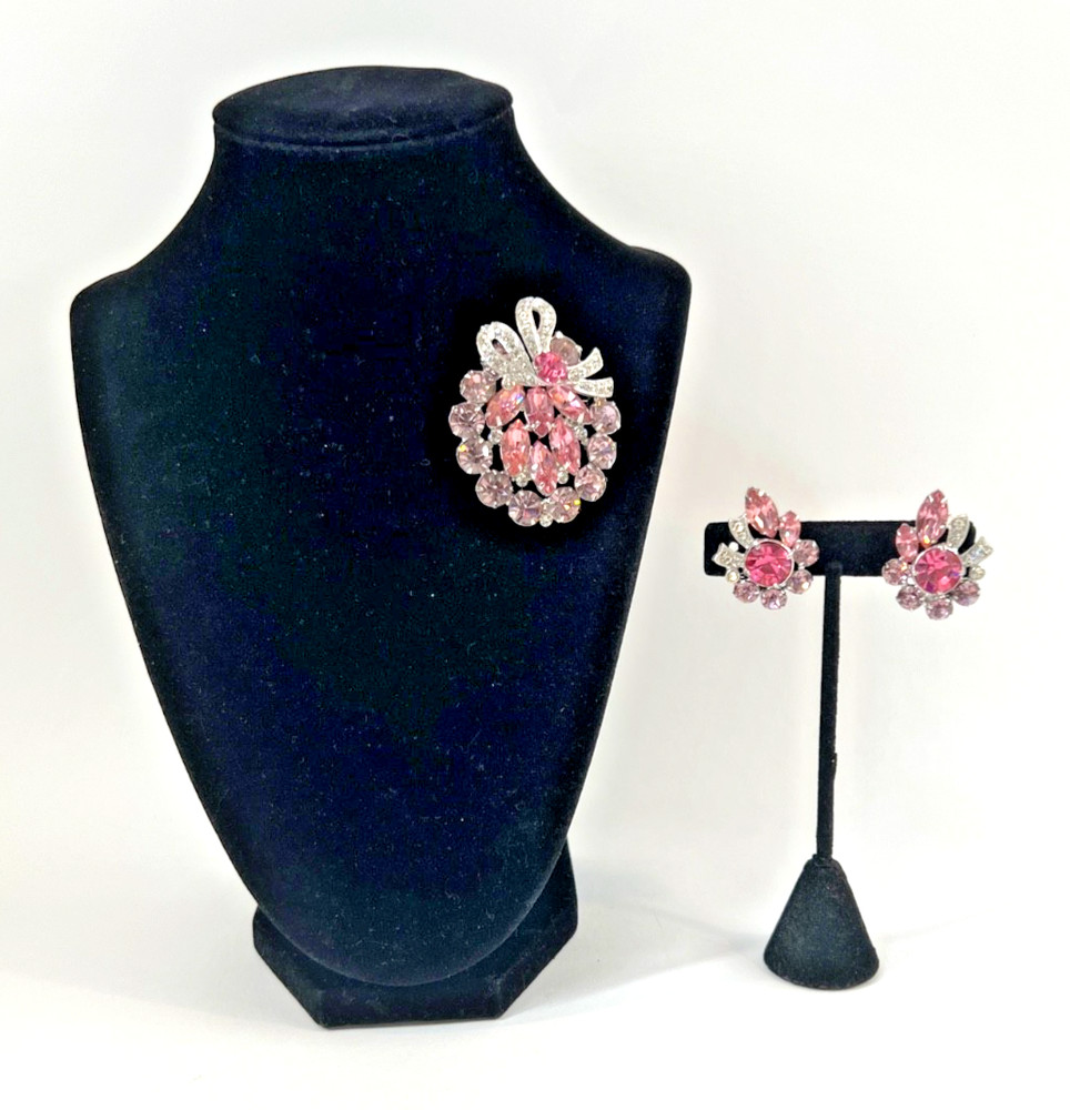 EISENBERG ICE Pink & Clear Rhinestone Brooch & Earrings Set w/Bow Accent