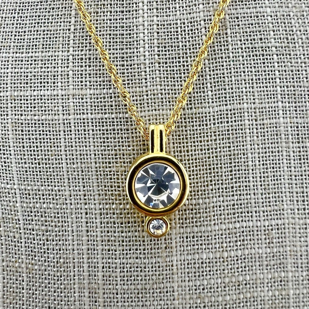 Vintage Liz Claiborne Necklace Clear Faceted Bezel Set Pendant Gold Tone Signed