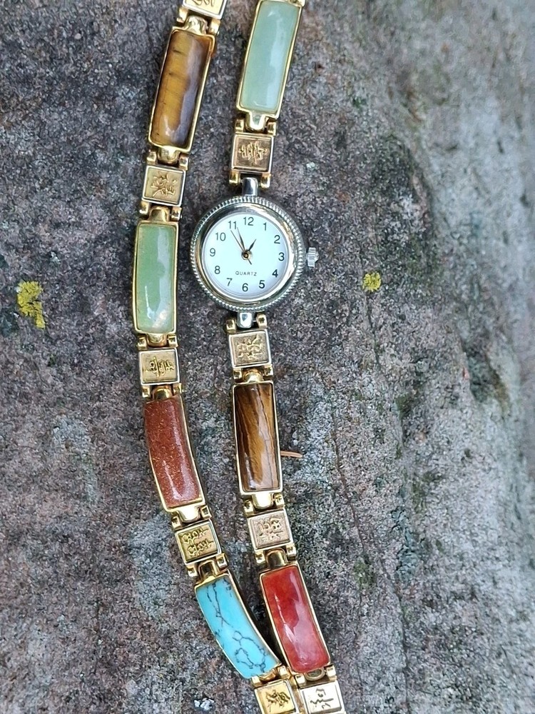 Vtg Multi Stone Inlay Panel Watch (works) Bracelet Set Chinese Symbol Good Luck