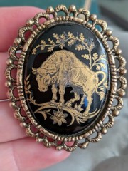 Damascene VTG Astrology Pin Jewelry Taurus Bull Cameo Brooch Animal Art