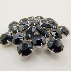 Vintage Black Glass Rhinestone Flower Brooch Pin Silver Tone Art Deco Style