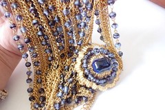 Vintage Signed Marvella Multi Strand Long Necklace Large Brooch Blue Glass Beads