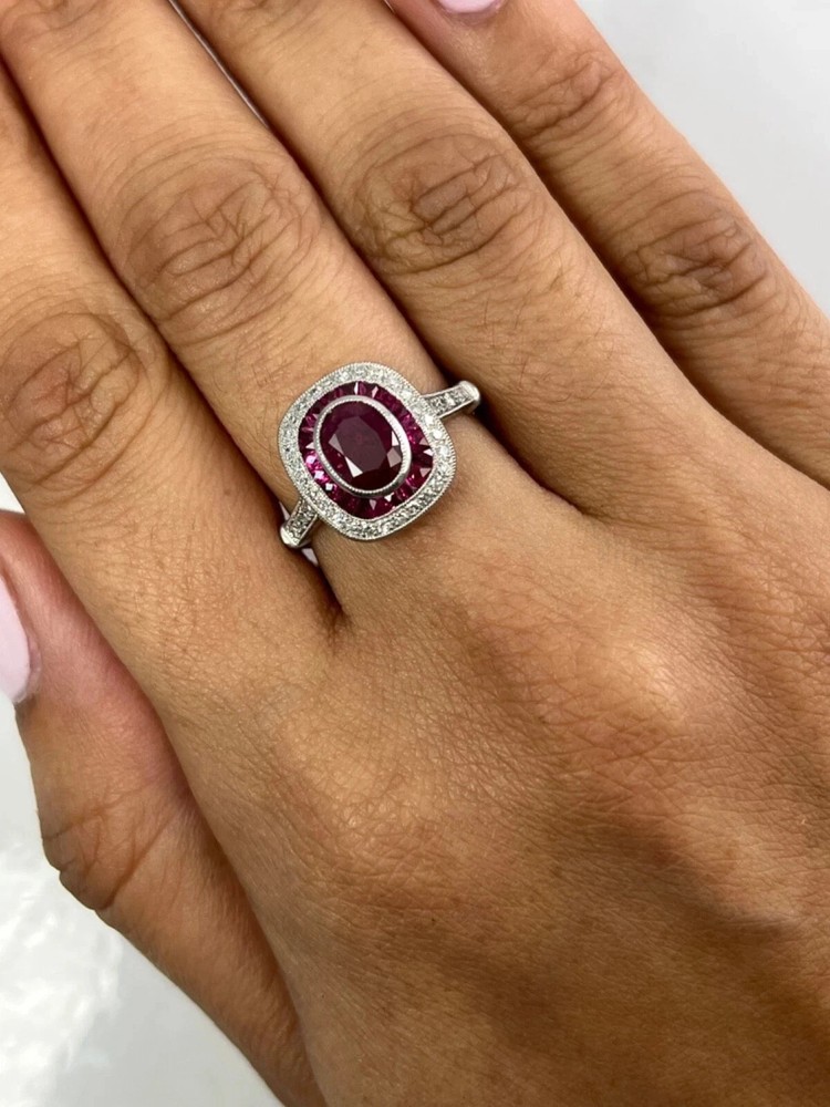 Art Deco Style Oval Ruby & Lab Created Diamond 14K White Gold FN Engagement Ring