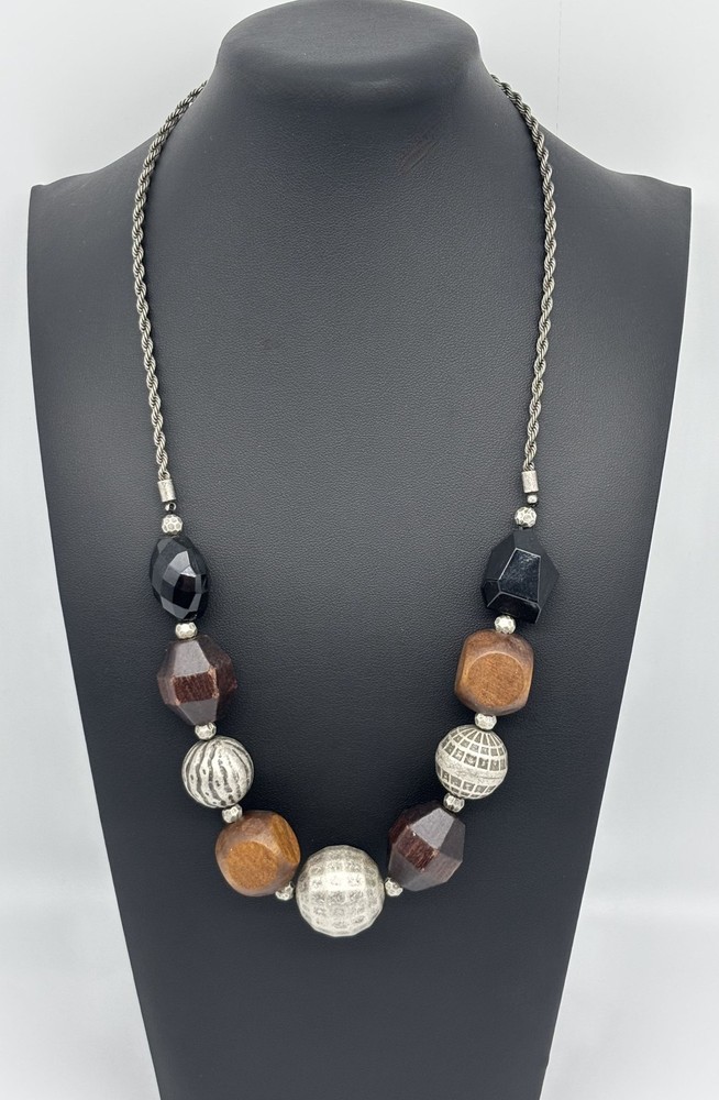 Vintage Boho-Style Necklace Chunky Wood Black Acrylic Silver-Tone Textured Beads