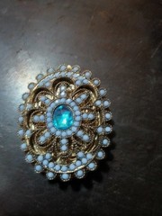 Gold Embossed Locket With Aqua Rhinestone Intricate Filigree & Blue Beads
