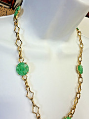 Vintage Necklace Green Asian Carved Station Glass Goldtone Chain 26in