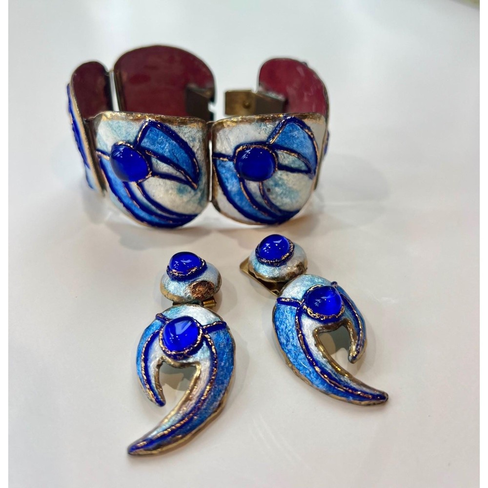 Andrée Bazot Paris Enamel Cuff Bracelet Earrings Blue Poured Glass Demi Parure