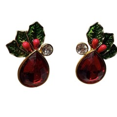 Avon Christmas Holiday Stud Earrings Holly Berry Red Tear Drop Rhinestone