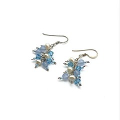 925 Sterling Silver Pearl Blue Crystal Beaded Vintage Dangle Drop Earrings