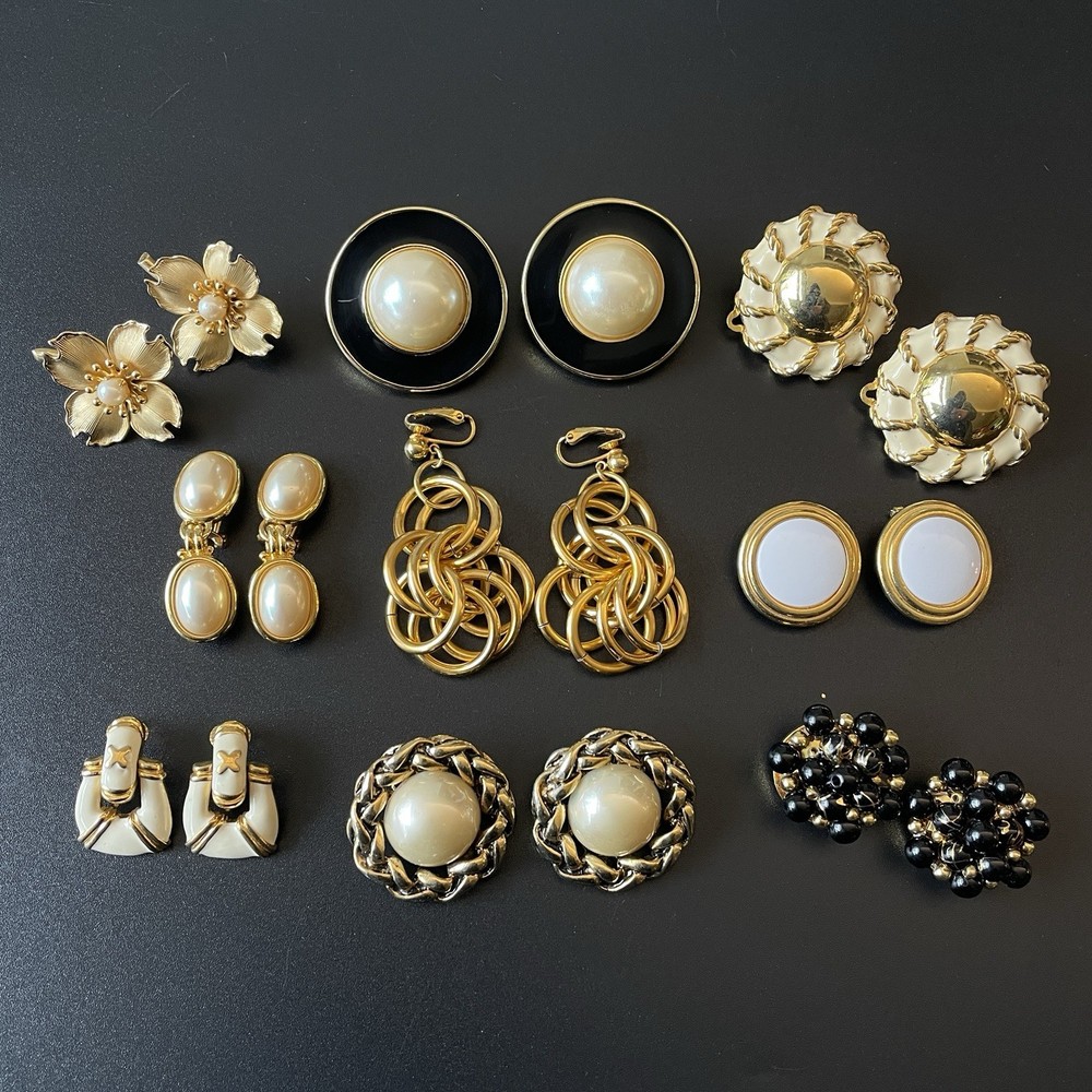 Vintage Lot Of 9 SIGNED Clip On Earrings Erwin Pearl Avon LCI Anne Klein Star