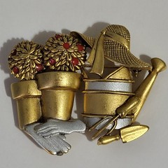 Vtg Danecraft Brooch Pin Gardening Tools Gardner Flower Pots Watering Can Estate