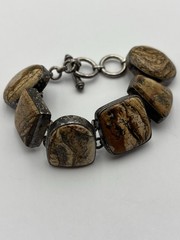 VTG 925 Sterling Silver Picture Jasper Multi Shape Bezel Link Bracelet 8.5”