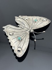 BIG Vtg Sterling Silver Butterfly Brooch Mexico Turquoise Stones 3.25″ Insect