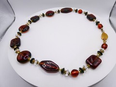 Chunky Modernist Beaded Cognac Molded Glass 20″ Statement Stackable Necklace